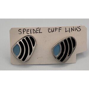 Speidel Cuff Links Silver Tone With Black & Blue Abstract Design MCM